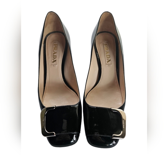 PRADA Black Patent Leather Block Heel Buckle Square Toe Pumps | SZ 6.5 - Picture 1 of 12